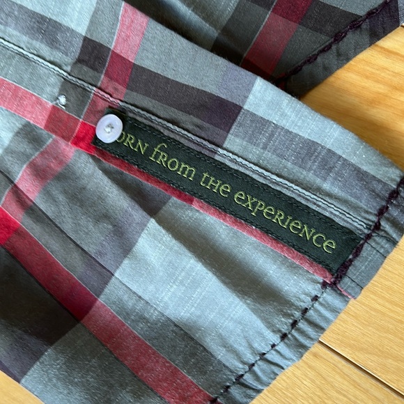 Prana gray and red shirt plaid short sleeve dress shirt size large - Picture 2 of 13
